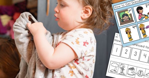 A young child puts on a shirt while visual instruction cards about children dressing for the weather are shown in the foreground, encouraging independence. Montessori Nature Printables