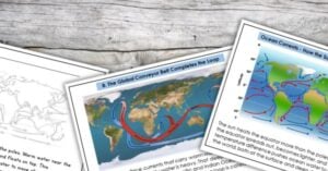 Three educational worksheets about ocean currents and climate are spread on a wooden surface, featuring world maps, diagrams, and explanatory text—ideal for engaging science activities. Montessori Nature Printables