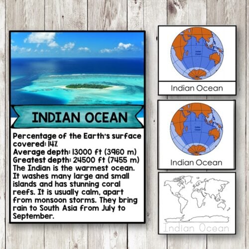 The Oceans of the World 3 Part Cards features an educational Montessori card about the Indian Ocean, including facts, a map, and coloring images. Montessori Nature Printables