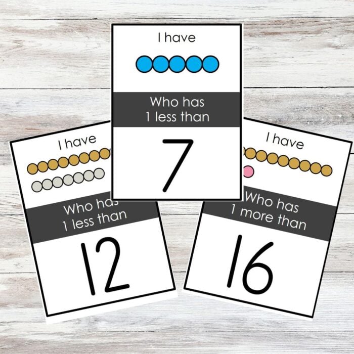 The One Less One More I Have Who Has Math Game features math flashcards with blue counters, showing numbers like 7, 12, and 16. Each card prompts students to find who has 1 less or 1 more than the number shown. Montessori Nature Printables