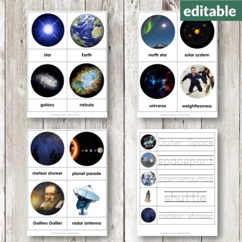 Outer Space Vocabulary 3 Part Cards—educational flashcards featuring labeled images of planets, stars, galaxies, and space phenomena. Montessori Nature Printables