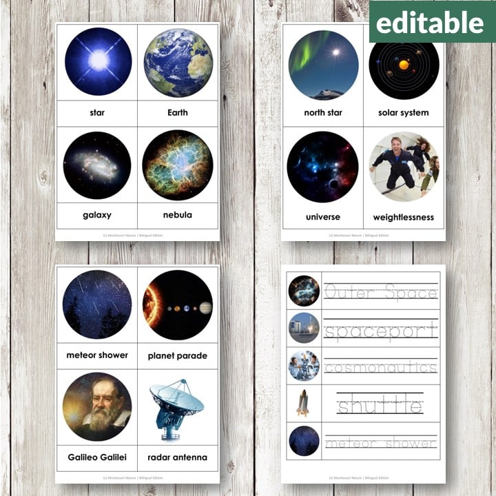 Outer Space Vocabulary 3 Part Cards—educational flashcards featuring labeled images of planets, stars, galaxies, and space phenomena. Montessori Nature Printables