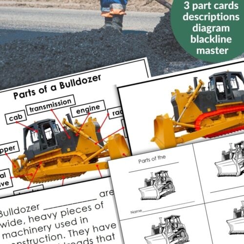 Parts of a Bulldozer Activities, featuring labeled diagrams, part cards, descriptions, and a blackline master sheet about bulldozer parts, are displayed on a surface. Montessori Nature Printables