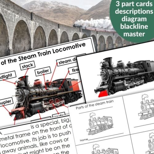 Parts of the Steam Train Locomotive Activities includes labeled diagrams, part descriptions, fun activities, a blackline master, and a steam train photo crossing a stone viaduct. Montessori Nature Printables