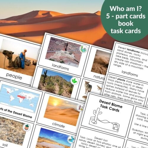 Parts of the Desert Biome task cards feature images and facts about desert areas, landforms, plants, animals, and natural events—all set on a sandy desert landscape background. Montessori Nature Printables