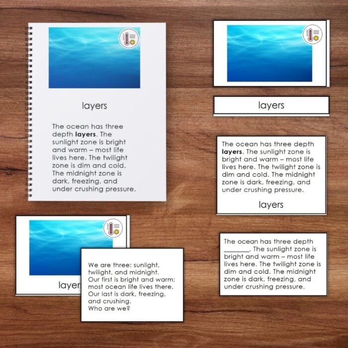 Five "Parts of the Ocean Biome" educational materials are arranged on a wooden surface, each with text, headings, and a blue ocean biome image at the top. Montessori Nature Printables