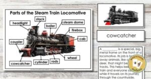 Parts of the Steam Train Locomotive Montessori Nature Printable 3 Part Cards Information Chart hands on learning activitie