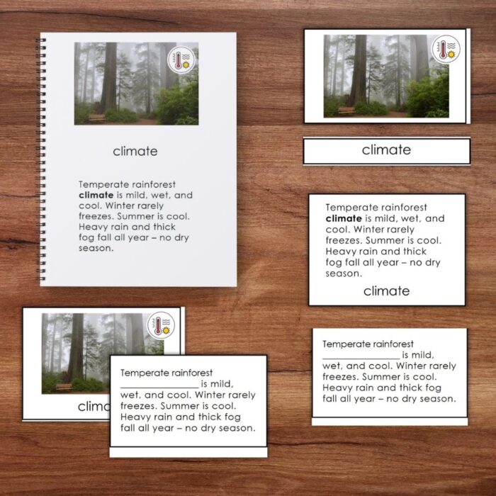 Parts of the Temperate Rainforest Biome" includes educational cards and a notebook, each with a forest photo and climate description, shown on a wooden surface. Montessori Nature Printables