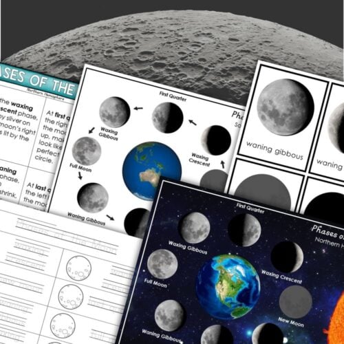 The "Phases of the Moon: Northern and Southern Hemispheres Learning Activities" worksheets feature engaging lessons on moon phases in both hemispheres, set against a backdrop image of the moon's surface. Montessori Nature Printables