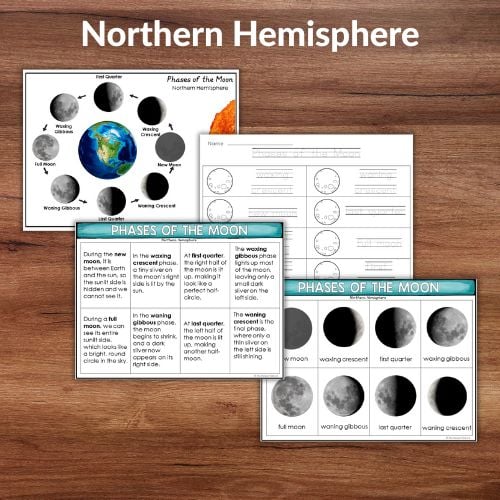 The Phases of the Moon: Northern and Southern Hemispheres Learning Activities includes four engaging worksheets, shown on a wooden surface, ideal for interactive learning about lunar phases in both hemispheres. Montessori Nature Printables