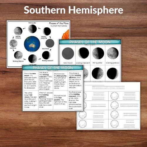 Phases of the Moon: Northern and Southern Hemispheres Learning Activitiesโfour worksheets shown on woodโhelp students compare lunar phases between hemispheres. Montessori Nature Printables