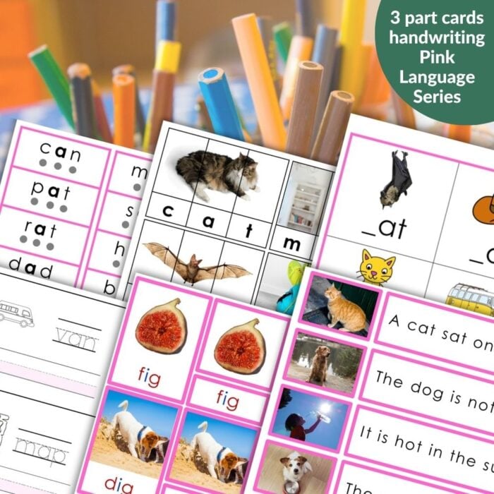 Phonics CVC Words: Pink Language Series offers educational worksheets with word-building, phonics, and handwriting practice. Includes animal and object image matching activities on a colorful pencil background. Ideal for early learners. Montessori Nature Printables