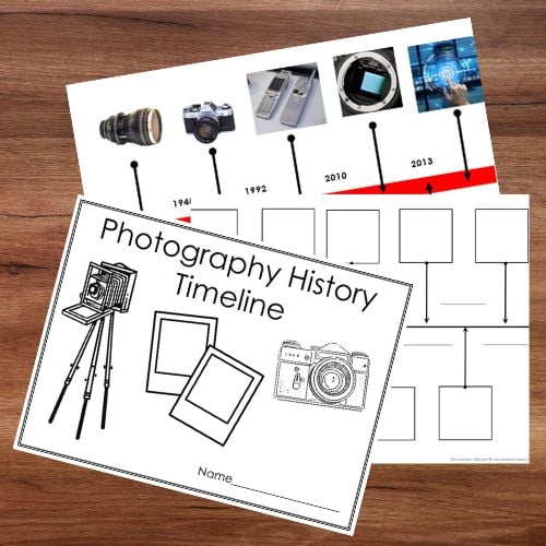 The History of Photography Timeline 3 Part Cards" includes two worksheets on wood: one is a "Photography History Timeline," the other has a timeline with camera images, empty boxes, and cards to explore photography's fascinating history. Montessori Nature Printables