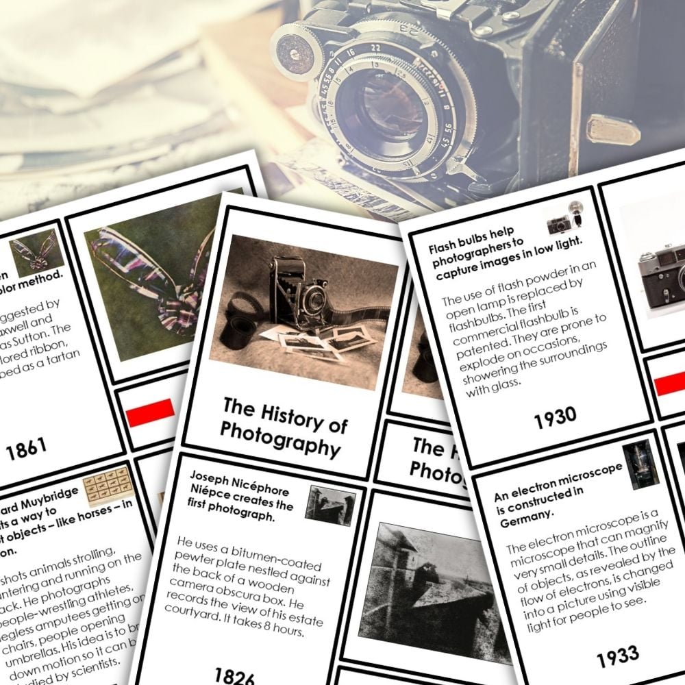The History of Photography Timeline 3 Part Cards are displayed across a surface, with a vintage camera partly visible in the background, offering an educational exploration of photography’s past. Montessori Nature Printables
