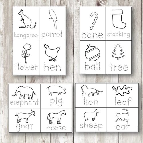 The Push Pinning Tracing Cards set includes four outlined animal shapes—fish, dog, bunny, and cow—for fine motor skill practice. The tracing cards are designed for push pinning and feature two red push pins. Montessori Nature Printables