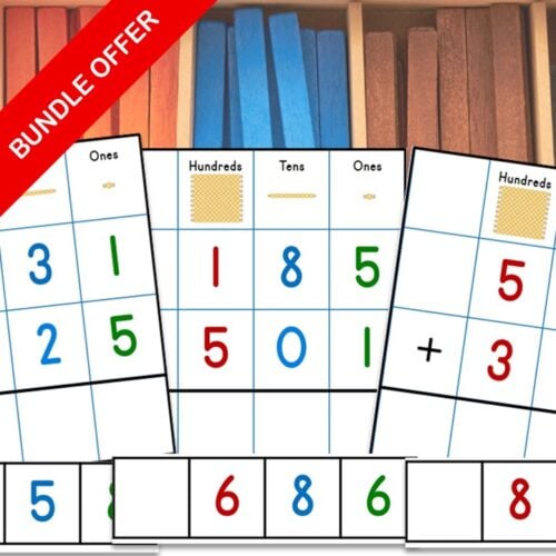 Six sets of Place Value Math Bundle Addition Subtraction Division Multiplication Operation Cards are displayed on a wooden surface, with an illustrated child and blocks at the bottom right; text reads "PLACE VALUE MATH BUNDLE. Montessori Nature Printables