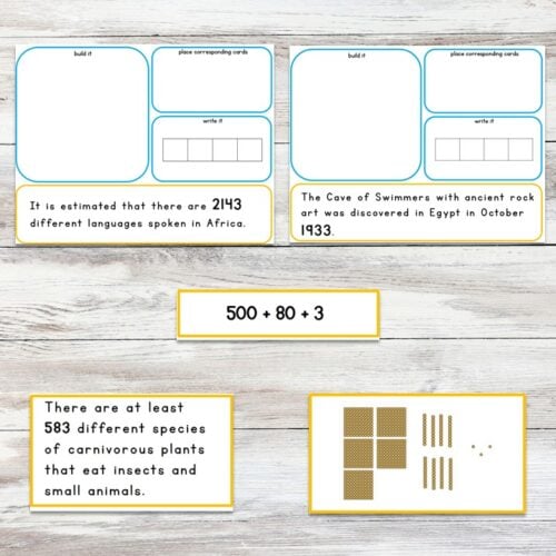 Place Value Interesting Facts Math Task Cards feature math and language activities, including facts about African languages, the Cave of Swimmers, carnivorous plants, and a place value equation: 500 + 80 + 3. Montessori Nature Printables