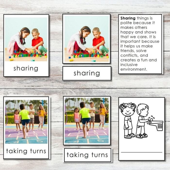 Polite Manners in the Classroom Activities features four images of children sharing blocks, playing hopscotch, and taking turns. A text box explains sharing's importance, plus a manners-themed coloring illustration is included. Montessori Nature Printables