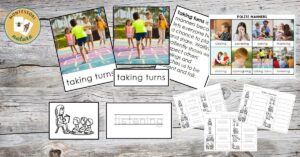 The Polite Manners in the Classroom Pack offers images and worksheets on taking turns, listening, and other classroom manners for kids, all shown on a wooden surface. Montessori Nature Printables