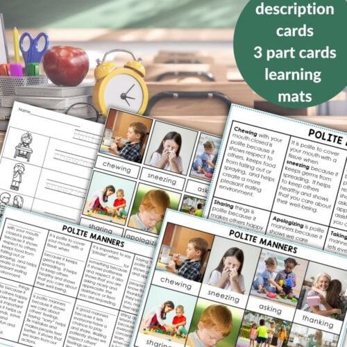 Polite Manners in the Classroom Activities is a set of printable mats and cards with photos and descriptions of classroom behaviors like chewing, sneezing, asking, and apologizing—ideal for teaching polite manners through engaging activities. Montessori Nature Printables