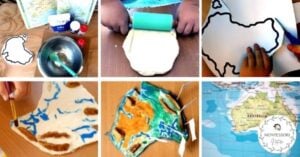 A collage of pictures of children making a map of the world.