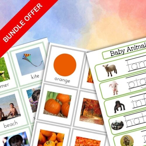 Collage of preschool seasonal activity materials—matching cards, nature walks, nesting doll crafts, and hands-on counting. Features "Seasonal Activities Year Round Kindergarten Bundle" text—ideal for year-round or kindergarten use. Montessori Nature Printables