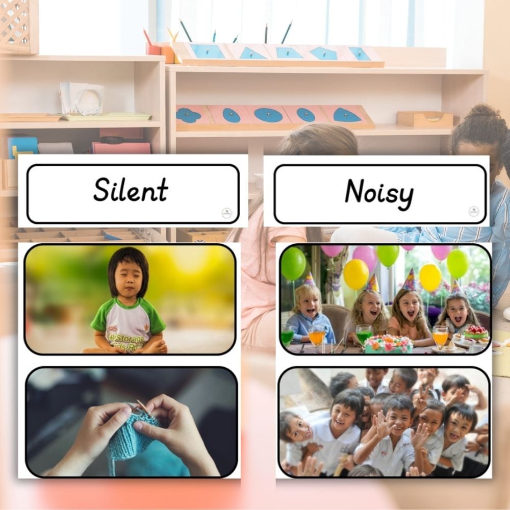 Silent and Noisy: 20 Picture Cards for Sorting" helps children compare quiet activities, like knitting or a calm child, with noisy scenes such as a party or children in a loud group. Montessori Nature Printables