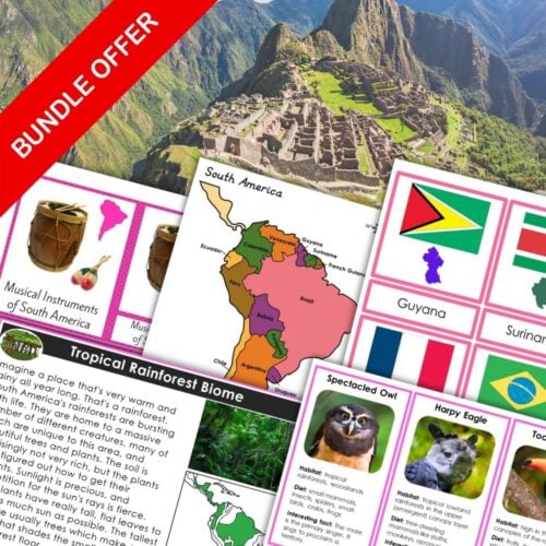 Collage of the South America Continent Bundle: includes a map, country flags, animal fact cards, a rainforest biome sheet, and a Machu Picchu photo with a "Bundle Offer" banner. Montessori Nature Printables