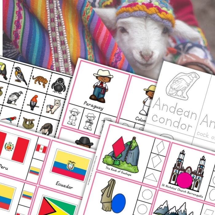A young llama in colorful textiles stands behind printed educational cards from the South America Preschool Activity Pack, which features countries, flags, landmarks, and cultural symbols. Montessori Nature Printables