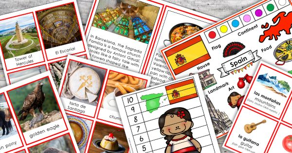 A collage of Montessori-inspired educational flashcards about Spain, featuring landmarks, food, animals, the flag, and cultural symbols with engaging activities, text, and images. Montessori Nature Printables
