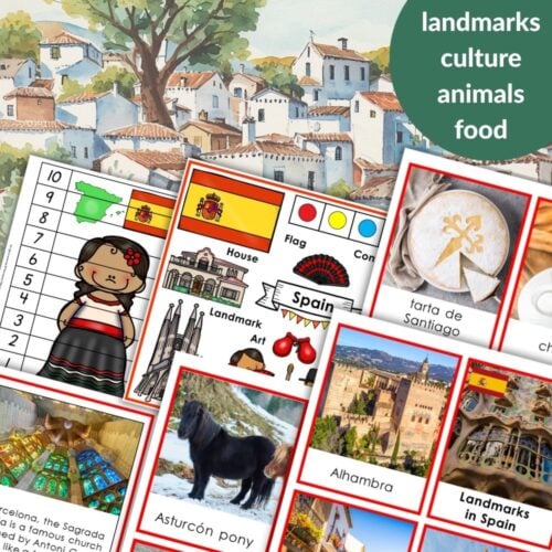 Spain: Map Flag Animals Food Landmarks includes a collage of Spain's landmarks, cuisine, animals, and cultural icons, plus illustrated fact cards and a scenic painting of white houses with tiled roofs alongside the Spanish flag. Montessori Nature Printables
