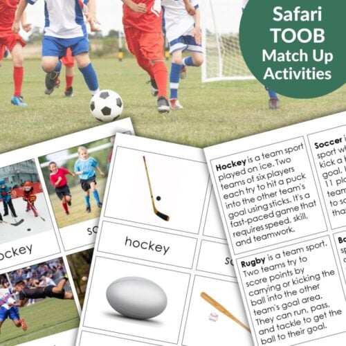 In the background, children play soccer. In the foreground, Sports: Safari TOOB Compatible 3 Part Cards & Facts activity sheets show images and descriptions of sports equipment along with facts about different sports. Montessori Nature Printables