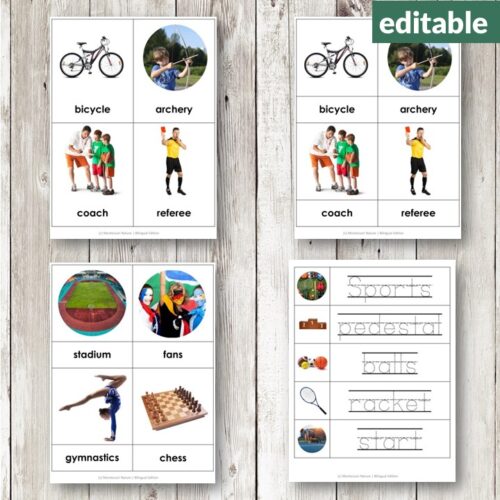 Sports Vocabulary 3 Part Cards Editable Montessori-inspired cards featuring images and names of sports, equipment, and roles like bicycle, archery, hockey, swimming, and coach. Montessori Nature Printables