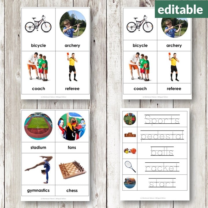 Sports Vocabulary 3 Part Cards Editable Montessori-inspired cards featuring images and names of sports, equipment, and roles like bicycle, archery, hockey, swimming, and coach. Montessori Nature Printables