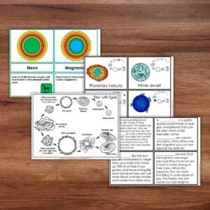 Three illustrated worksheets on a wooden surface, featuring Star Life Cycle: 3 Part Cards Blackline Master Posters Descriptions with diagrams and text about neon, magnesium, stellar evolution, and the life cycle of stars. Montessori Nature Printables