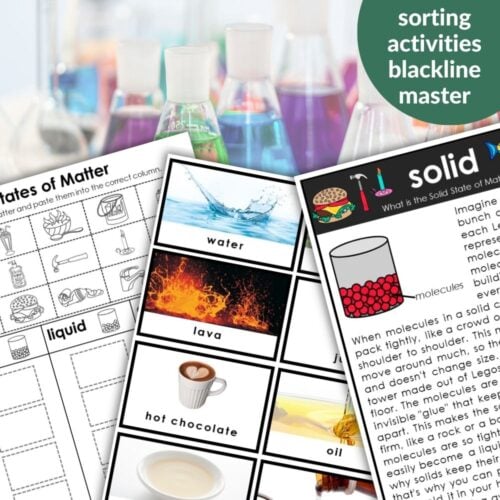 The States of Matter: Sorting Cards Blackline Master is shown along with educational worksheets in front of lab beakers filled with colorful liquids. Montessori Nature Printables
