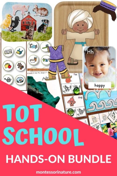 A collage featuring animal silhouettes, a smiling toddler, matching cards, and activity sheets with the text "Tot School Activity Bundle. Montessori Nature Printables