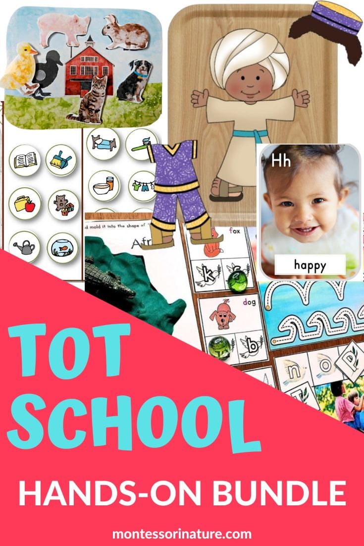 A collage featuring animal silhouettes, a smiling toddler, matching cards, and activity sheets with the text "Tot School Activity Bundle. Montessori Nature Printables