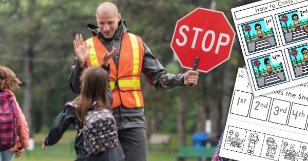 A crossing guard in safety gear high-fives a student while holding a stop sign; an illustrated guide shows young children how to cross the street safely, overlaid in the corner. Montessori Nature Printables