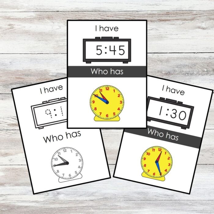 The Telling Time to Five Minutes I Have, Who Has Math Game uses cards with analog and digital clocks, each marked "I have" and "Who has," to help kids practice telling time in five-minute intervals. Montessori Nature Printables
