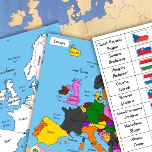 The Europe Map and Pin Flags set features three maps (colored, outlined, blank) and a chart of country names with pin flag icons for easy identification. Montessori Nature Printables
