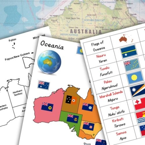 The Oceania Maps Blackline Masters Pin Flags set includes five educational charts with country outlines, labeled pin flags, and detailed maps of Oceania. Montessori Nature Printables