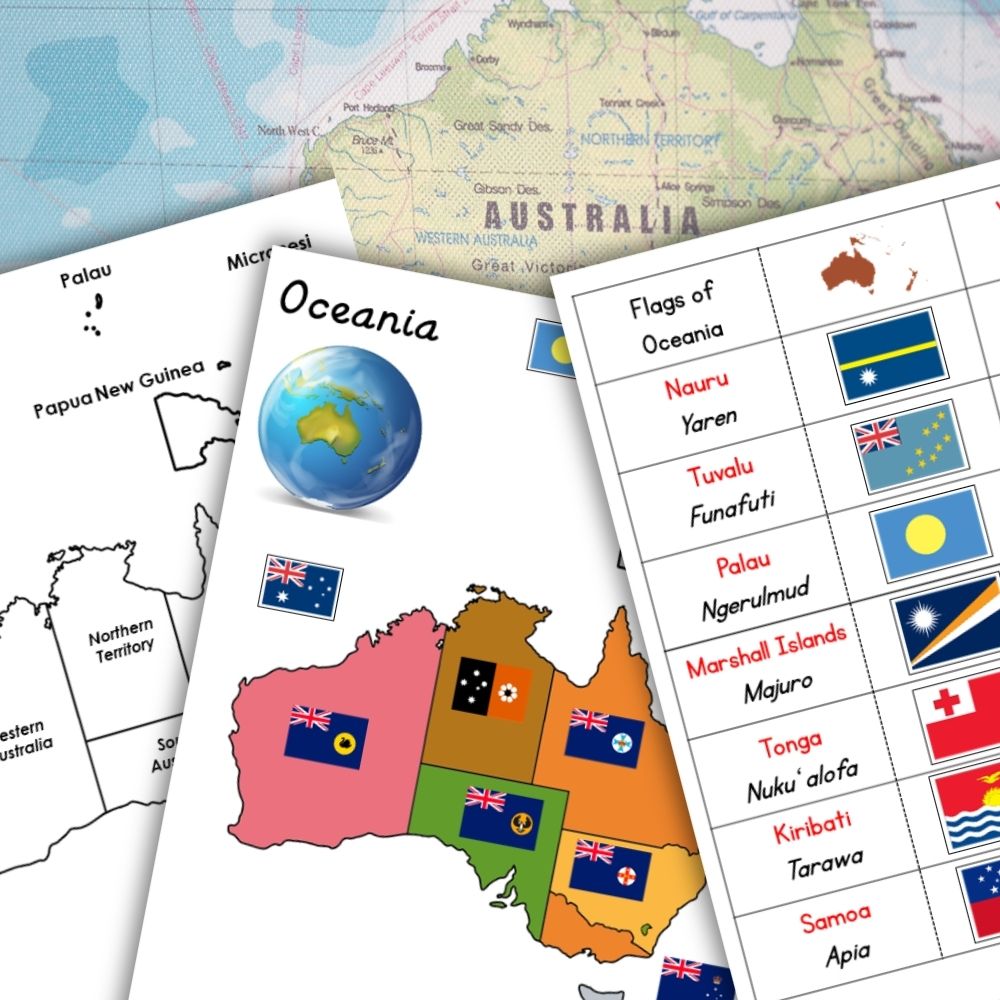 The Oceania Maps Blackline Masters Pin Flags set includes five educational charts with country outlines, labeled pin flags, and detailed maps of Oceania. Montessori Nature Printables