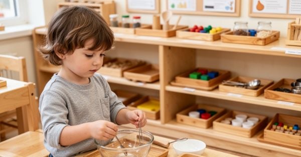 Young child standing at a table using kitchen utensils with a glass bowl in a Montessori classroom filled with organized educational materials, nurturing independence and the inner life through hands-on education. Montessori Nature Printables