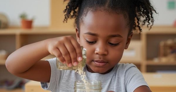A disciplined young child pours rice or grains from a small glass jar into a larger one while sitting at a table indoors. Montessori Nature Printables