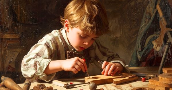 A young boy concentrates on assembling a wooden object at a workbench, using a small tool, surrounded by various woodworking materials—nurturing independence and supporting child development through hands-on creativity. Montessori Nature Printables