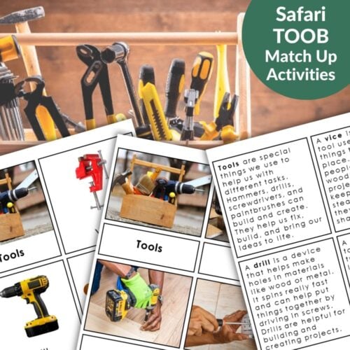 Explore hands-on learning with "Tools: Safari TOOB Compatible 3 Part Cards & Facts"—a set of educational matching cards featuring images and tool descriptions, perfect for engaging lessons on various tools. Montessori Nature Printables