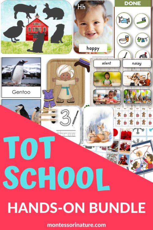 A collage featuring animal silhouettes, a smiling toddler, matching cards, and activity sheets with the text "Tot School Activity Bundle. Montessori Nature Printables