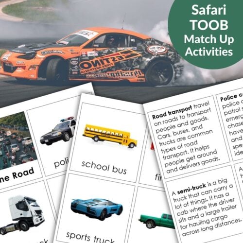 A racing car drifts on a track, with Transport: Safari TOOB Compatible 3 Part Cards & Facts displayed in the foreground. Montessori Nature Printables
