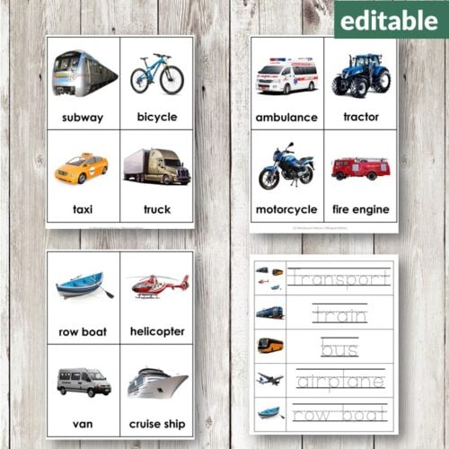 Transport Vocabulary 3 Part Cards includes educational cards with images and names of vehicles, along with a matching and tracing worksheet for children to learn transport words. Montessori Nature Printables